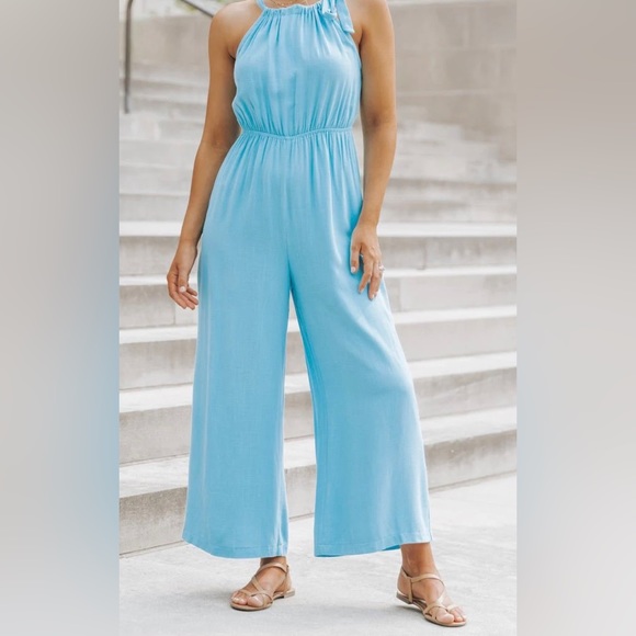 Turquoise Halter Linen Jumpsuit - Picture 1 of 6